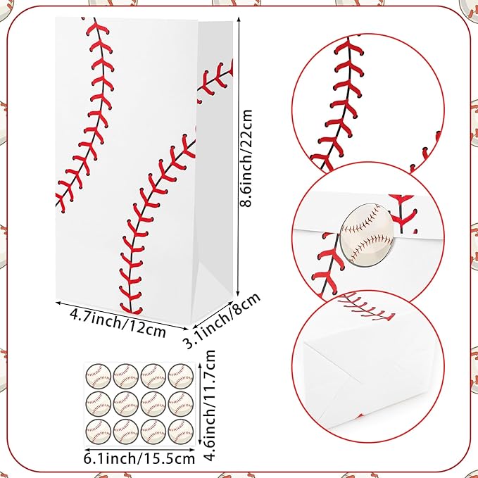 Fowecelt 24 Packs Baseball Gift Bags Baseball Goodie Snack Candy Paper Treat Bag with Stickers for kids Boys Girls Birthday Party Favor Baby Shower Sclool Classroom Team Decoration Supplies
