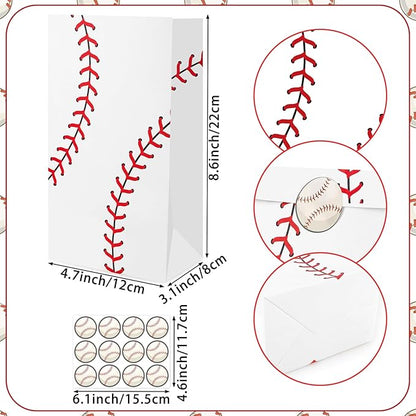 Fowecelt 24 Packs Baseball Gift Bags Baseball Goodie Snack Candy Paper Treat Bag with Stickers for kids Boys Girls Birthday Party Favor Baby Shower Sclool Classroom Team Decoration Supplies