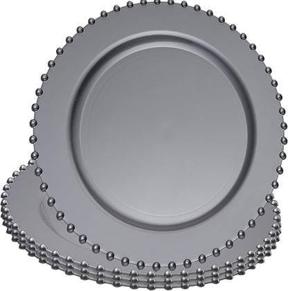 PLASTICPRO Silver Plastic Charger Plates with Beaded Edge – Pack of 4 – 13" Elegant Round Disposable Chargers for Weddings, Events, Parties, and Dinners