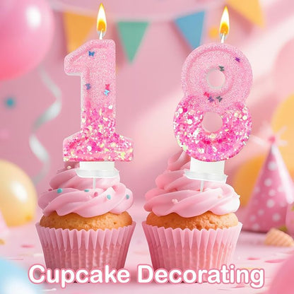 Pink Sequin Birthday Candles, Cake Number Candles, Girls 0th Birthday Decorations, Suitable for Birthday Parties, Anniversary Party Decorations(18)