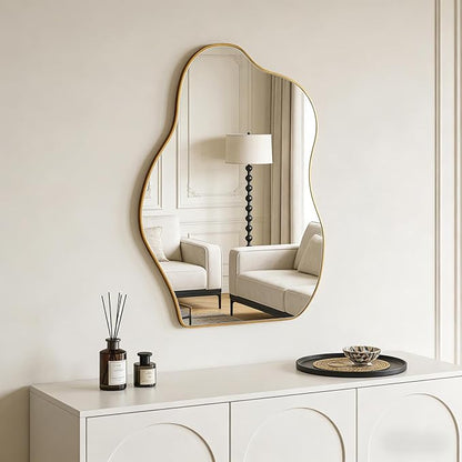 Ruomeng Irregular Wall Mirror Asymmetrical Mirror, Gold Mirror Tempered Glass for Bathroom Living Room Bedroom Entryway, Modern Decorative Wall Decor, Shatterproof, 28" x 20"