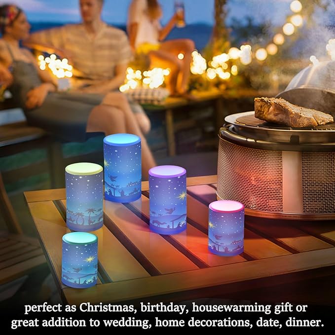 ALAZA Christmas Blue Nativity Scene Flickering Flameless Candles Battery Operated with Remote Timer,Tea Light Candles LED Pillar Votive Candles Set of 2 for Outdoor Indoor Decorations