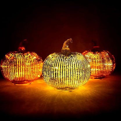 Mercury Glass Light up Pumpkin with Timer- Fall Decoration for Home-Lamps for Festive Decoration-Halloween Decorations (Gold)