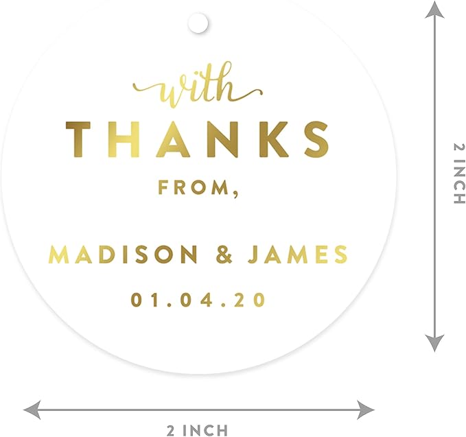 Andaz Press Personalized Round Circle Wedding Gift Tags, Metallic Gold Ink, with Thanks from, 24-Pack, Custom Made Any Name