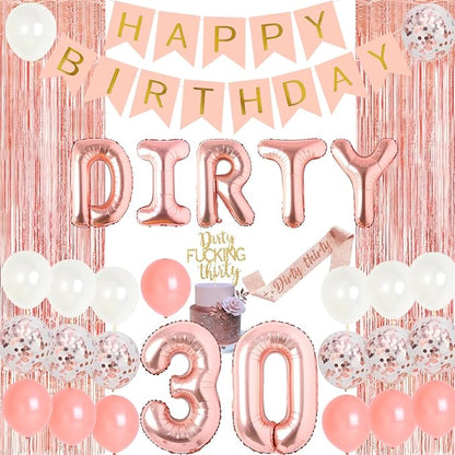 30th Birthday Party Decorations for Her, Rose Gold Dirty Thirty Banner Balloon Sash Cake Topper, 30 Years Old Birthday Party Supplies for Women