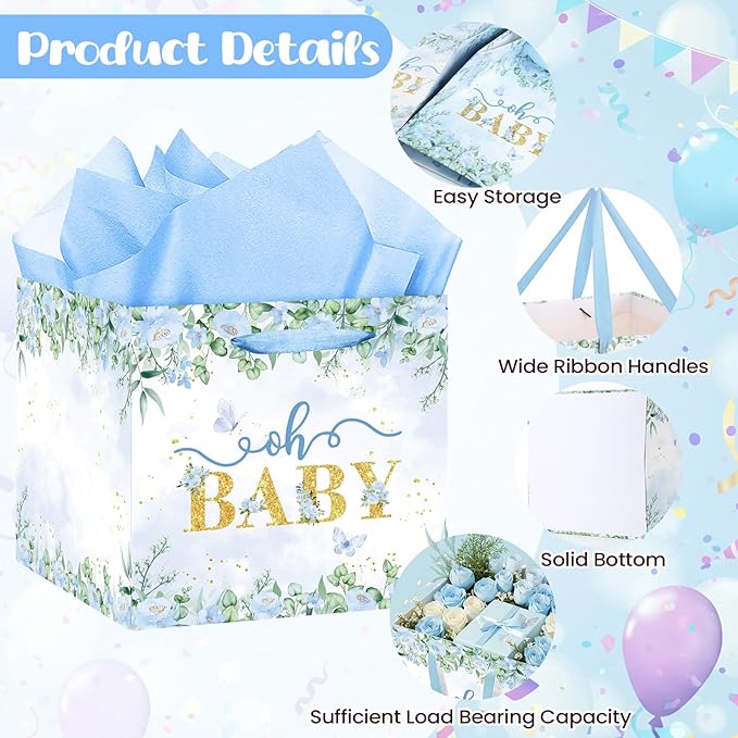 Woosytoo Extra Large Baby Boy Gift Bag, Baby Shower Square Gift Bags Blue Floral Wrapping Paper Bag Oh Baby Jumbo Gift Bags for Boys New Parents Gender Reveal Party Favors