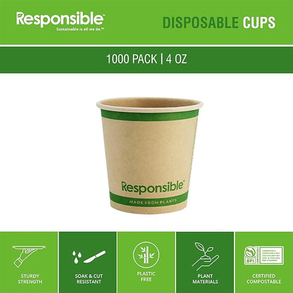 Responsible Products 4 oz Paper Hot Cups, Tree-Less™ Compostable Paper Coffee Cups, Extra Strength, Tree-Free and Made Without PFAS, Natural Brown (1000 Count)