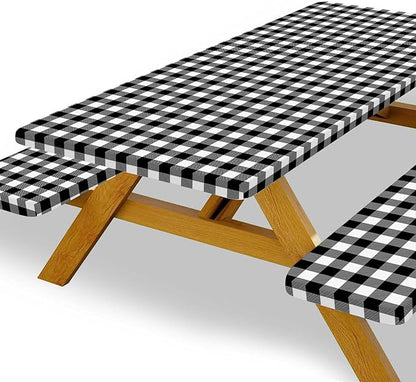 Picnic Table Cover with Bench Covers, Black and White Checkered Waterproof and Windproof, Fitted Tablecloth Cover with Elastic Edge, for Outdoor, Garden, Camping, 3 Pieces Set, 30x72 Inch