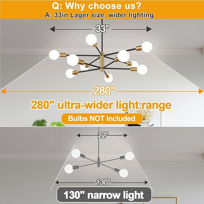 10.9"-52.3" Height Adjustable Modern Chandelier Ceiling Light Fixture, 10-Light Sputnik Chandeliers Brushed Gold and Black Dining Room Light Fixture, Chandeliers for Dining Room (Bulbs Not Included)