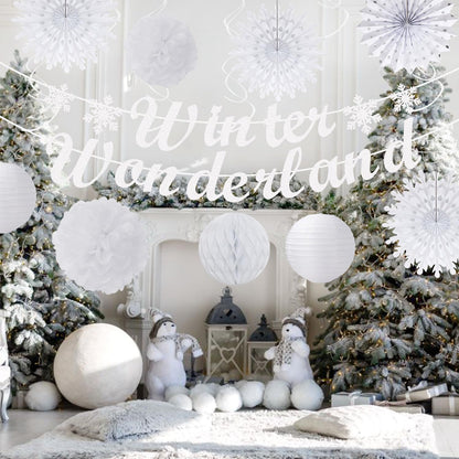 Winter-Wonderland Christmas-Snowflake White Party-Decorations - 21pcs Wedding Baby Shower Snow Banner,Paper Lanterns Honeycomb Streamers,Tissue Pom Poms Flower Fan,Classroom Hanging Decor Huglony