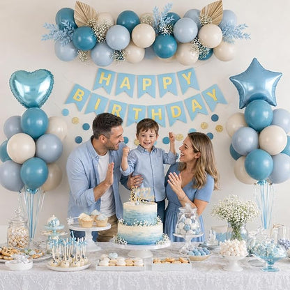 Blue Birthday Party Decorations for Boys Men Dusty Blue Sand White Balloon Set with Star Heart Foil Balloons Happy Birthday Bunting Banner Garland Navy Light Cream Beige Party Decor Kit Baby Girls