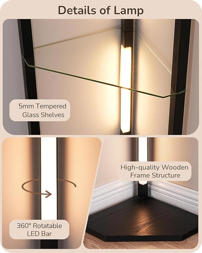 EDISHINE Floor Lamp with Shelves, 5-Tier Glass Display Shelf with Remote/Foot Control, 5CCT & Dimmable Corner Shelf Lamp, Open Display Cabinet, Floor Lamps for Living Room, Bedroom, Black