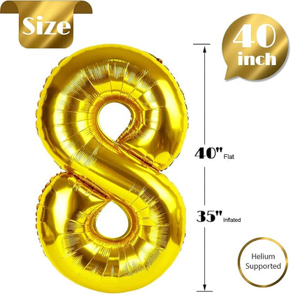 Gold 8 Balloon, Number Balloon 40 Inch, Gold Birthday Decorations, 8 18 28 38 80 Birthday Balloons, 8th Gold Party Supplies, Number 8 Balloon