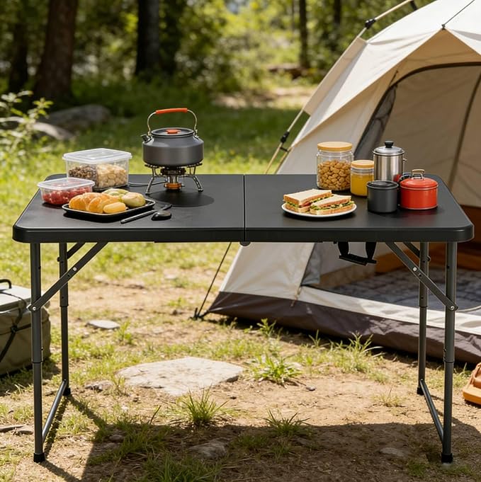 4FT Folding Table - Heavy Duty Portable Plastic Utility Table with Adjustable Height, Carry Handle. Indoor Outdoor Use for Camping, Parties, Picnics, Tailgating (4ft, Black)