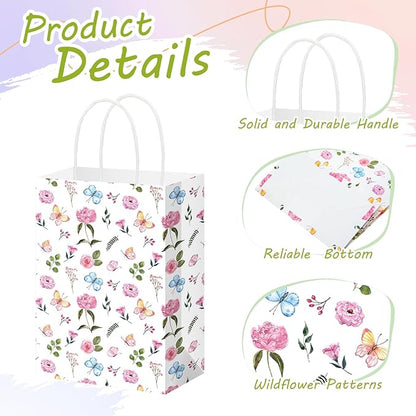 Gilprop 24 Pcs Wildflower Paper Gift Bags Spring Floral Candy Goodie Treat Bags Easter Flower Party Favor Bag with Handle for Mother's Day Birthday Party Bridal Shower Wedding Gift Wrapping Supplies