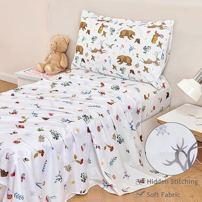 PERFEMET Kids Comforter Sets Twin 4 Pieces Cartoon Woodland Animal Print Bedding for Boys Girls Soft Reversible Bear Deer Forest Theme Children Bedroom Set with Sheets for All Season Use