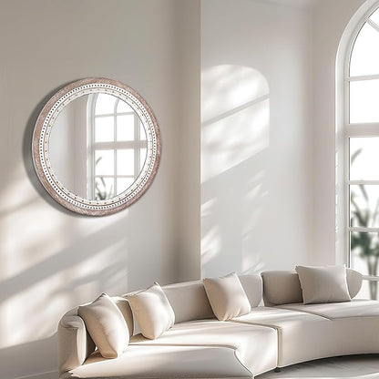 Reflinto 30 Inch Rustic Farmhouse Round Mirror for Wall Decor, | Boho Wood Frame Circle Decorative Mirrors for Bathroom Over Sink, Bedroom, Living Room, Entryway, Foyer