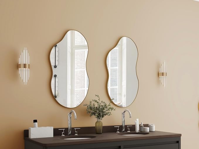 SHYFOY Large Irregular Wall Mirror Decorative, 22"x43" Antique-Gold Mirror for Wall Decor Wavy Accent Mirrors Asymmetrical for Living Room Bathroom Bedroom Entryway