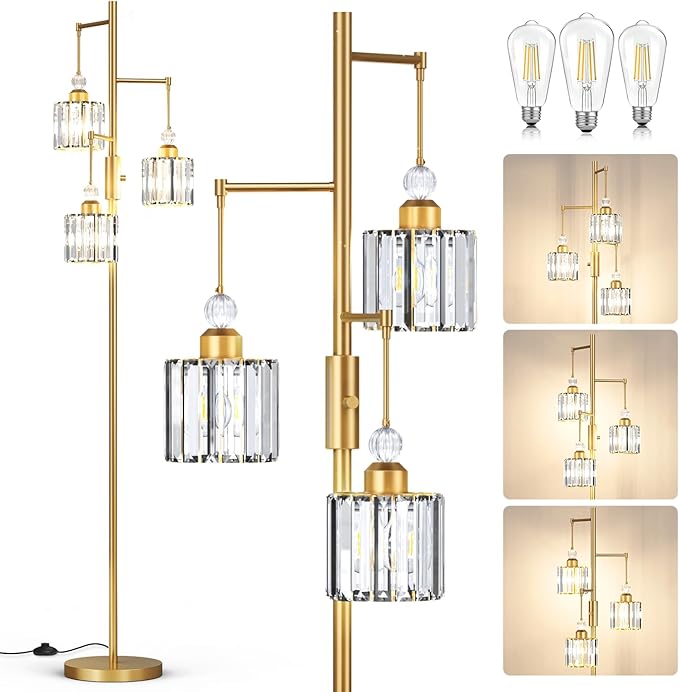 Black Tree Floor Lamp with 3 Crystal Cage Lampshades & Dimmable Bulbs - 70" Vintage Glam Standing Lamp for Living Room Bedroom, Industrial Modern Decor with Crystal Ball Accents (Gold)
