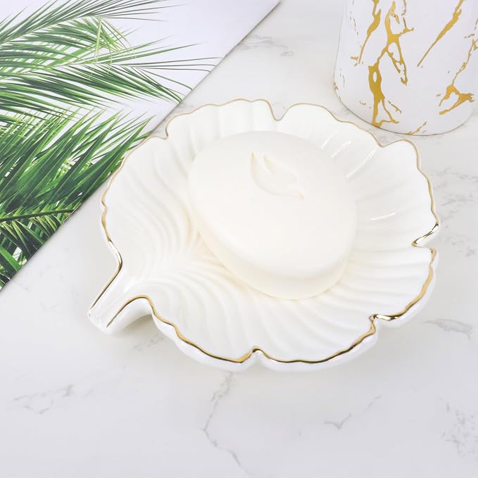 White Leaf Bathroom Soap Dish,Ceramic Soap Dish Holder in Palm Leaf Style,Self Draining Design and Used to Hold Various Small Bathroom and Kitchen Accessories