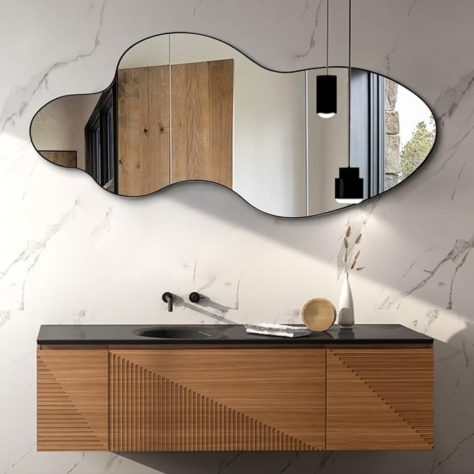 Irregular Wall Mirror, 55"x26" Asymmetrical Decorative Accent Mirror with Black Metal Frame, Large Organic Shape Mirrors for Entryway Bedroom Living Room, Horizontal or Vertical Hanging