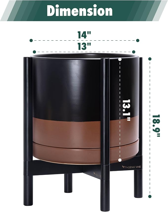 D'vine Dev Ceramic Planter with Ebony Stand - 14 Inch Modern Round Flower Pot with Wood Planter Holder, Black/Speckled Tan, 55-B-S-7