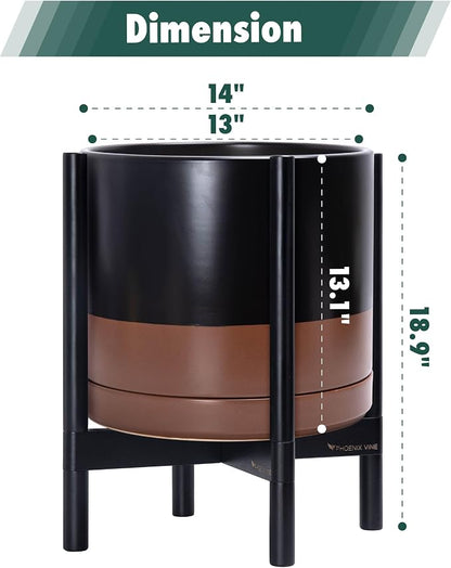D'vine Dev Ceramic Planter with Ebony Stand - 14 Inch Modern Round Flower Pot with Wood Planter Holder, Black/Speckled Tan, 55-B-S-7