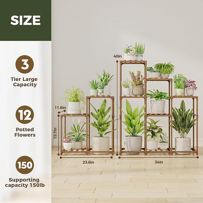 Bamworld 2 Sets Plant Stands Indoor Tall Shelves Outdoor for Multiple Flowers 10 Pots Wooden Rack for Living Room Balcony Garden