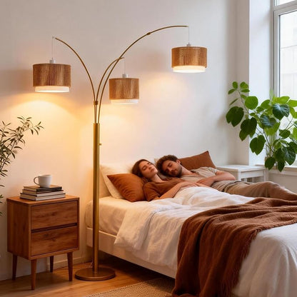 Gold Arc Floor Lamp for Living Room, Mid Century Floor Lamp with Stepless Dimmable Switch, Boho Standing Lamp with Wicker&Fabric Shade, Rattan Tall Lamp for Bedroom Over Couch Reading