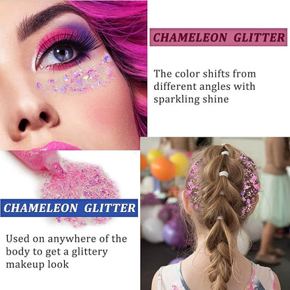 MEICOLY Chameleon Light Pink Body Glitter,Chunky Face Glitter for Halloween,Color Changing Mermaid Face Glitter Gel,Holographic Glitter Sequin for Face Body Hair,Festival Party Cheer Glitter Makeup