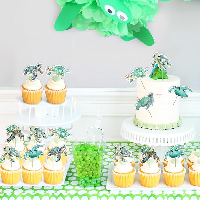 Turtle Birthday Decorations 24pcs Sea Turtle Theme Cake Toppers for Boys Ocean Animals 1st 2nd 3rd Birthday Decors Under the Sea Cake Decorations Underwater Baby Shower Gender Reveal Party Supplies