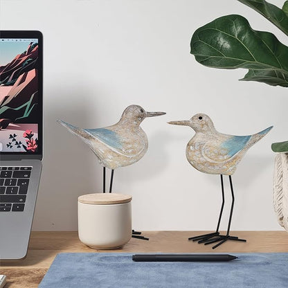 Seagull Statues Coastal Beach Nautical Decor, Wood Sea Bird Sculpture Ornament for Home Room Table Decor (2pcs)