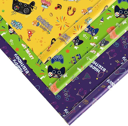 WERNNSAI Gaming Wrapping Paper Rolls - 3 Short Rolls 17 in x 120 in Video Game Wrapping Paper for Kids Boys Birthday Gamer Theme Party Decorative Gift Packing Paper Supply Green Yellow Purplewith Cut Lines