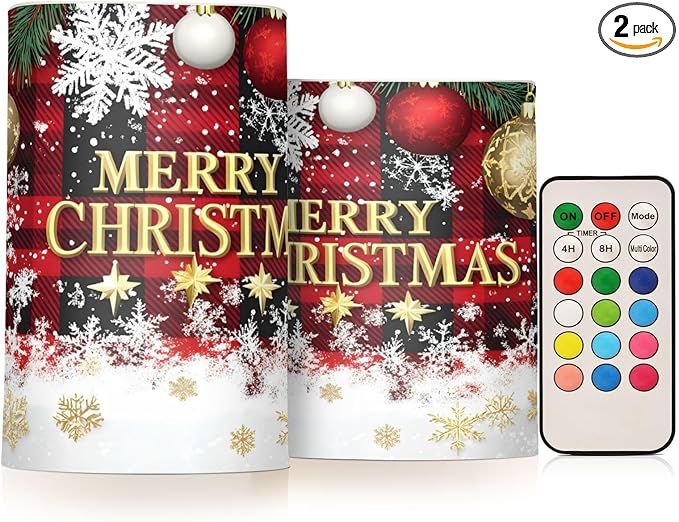 ALAZA Christmas Flickering Flameless Candles Buffalo Plaid Check Snowflake Battery Operated with Remote Timer,Tea Light Candles LED Pillar Votive Candles Set of 2 for Outdoor Indoor Xmas Decorations