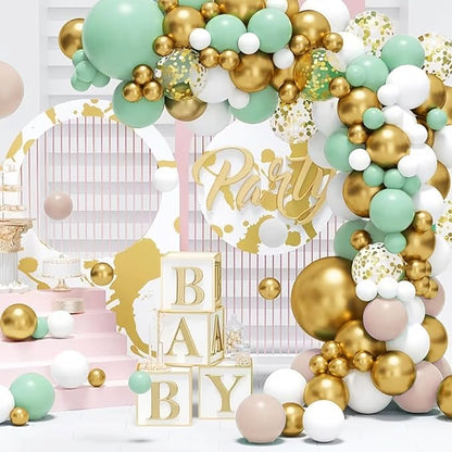 MEBAY Pastel Green Pink White Gold Balloon Arch Kit, 147PCS Fog Green Light Pink White Sand Gold Metallic and Confetti Balloons Garland for Baby Shower Gender Reveal Wedding Party Decoration