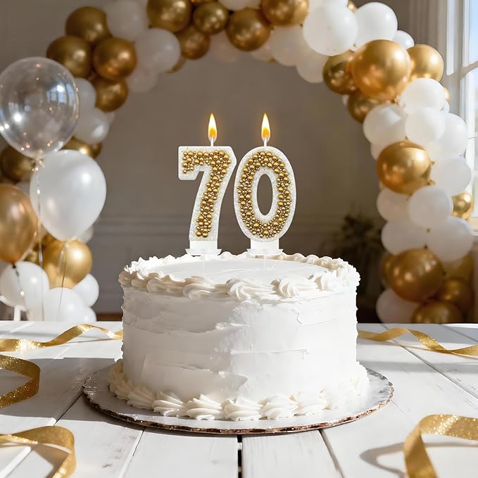 70 Birthday Number Candle for Cake, Glitter Number Candle with Gold Beads, Decorative Cake Topper for Milestone Celebrations