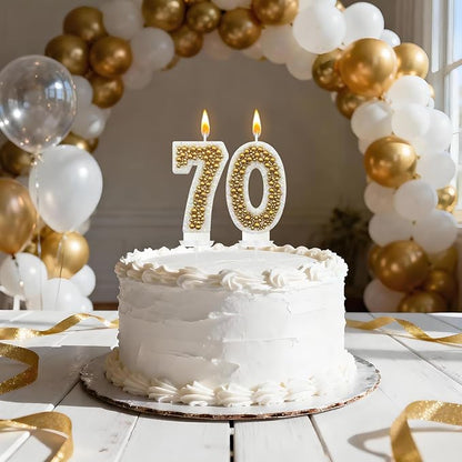 70 Birthday Number Candle for Cake, Glitter Number Candle with Gold Beads, Decorative Cake Topper for Milestone Celebrations