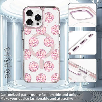 Case for iPhone 16 Pro Max,[Compatible with MagSafe],Disco Balls Pink Phone Case Design，for Women Girls Magnetic Clear Cover - Slim, Sleek, & Shockproof Protection