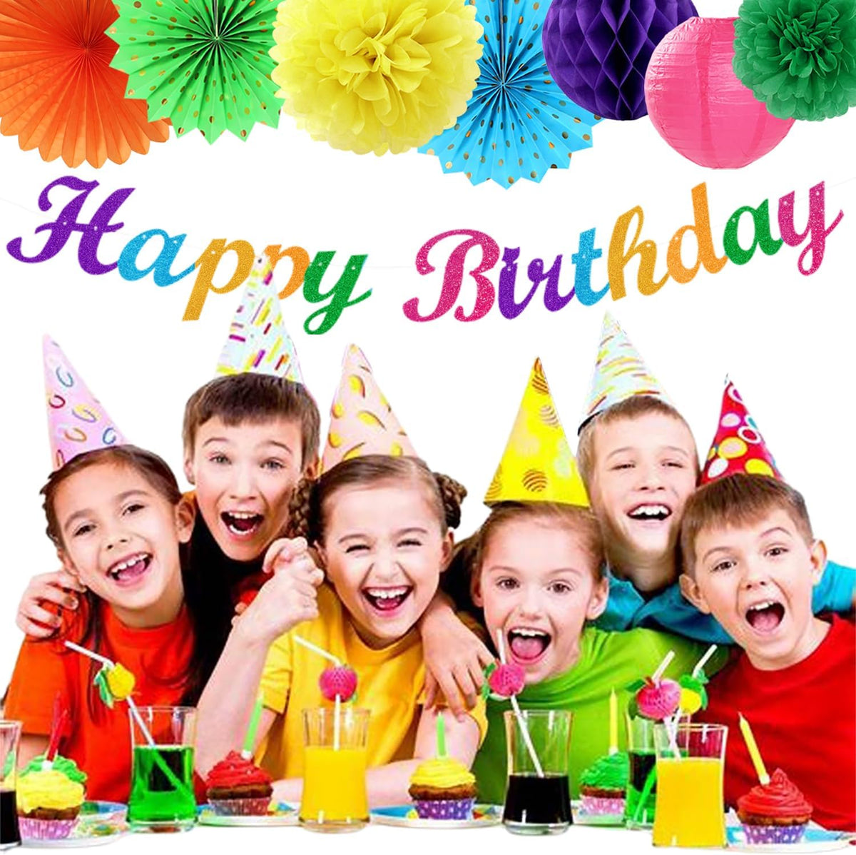 Rainbow Friends Colorful Birthday Party-decorations - 21pcs Girls Boys Happy Banner Garland, Paper Streamers Lanterns,Flower Tissue Pom Poms Fan Supplies,Wall Backdrop Decor Huglony