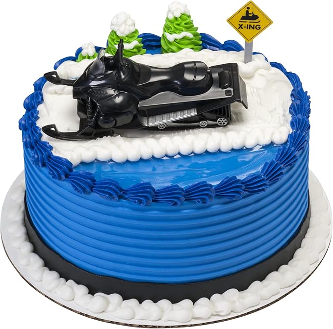 DecoSet® Powder Power Cake Topper, 2 Piece Snow Sports Cake Decoration With Snowmobile Crossing Sign, Winter Themed