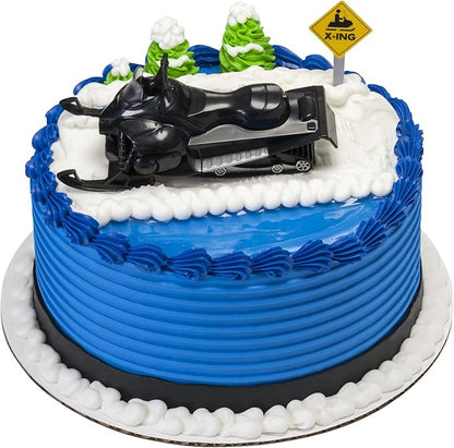 DecoSet® Powder Power Cake Topper, 2 Piece Snow Sports Cake Decoration With Snowmobile Crossing Sign, Winter Themed