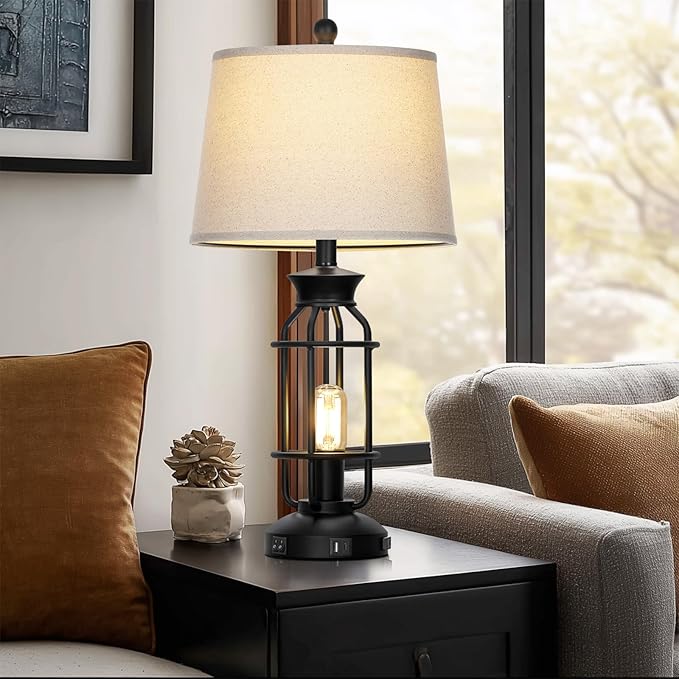 28" Vintage Table Lamps with USB C+A Ports & AC Outlet, Industrial Farmhouse Table Lamp Set of 2, Black Modern Nightstand Beside Lamps with 2 Night Light for Living Room Bedroom(4 LED Bulbs Included)