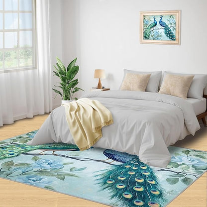 Peacock Rugs for Living Room - 3x4 Rug, Classic Peacock Floral Area Rugs for Bedroom, Teal Turquoise Rug, Modern Style Washable Carpet, Aesthetics Carpet - Peafowl Home Decor & Gifts