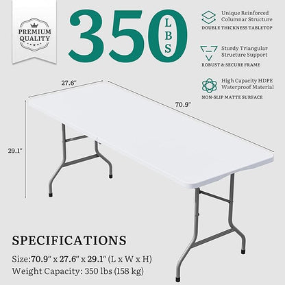 YITAHOME 6ft Folding Table w/1.5" Thick Tabletop Heavy Duty, Portable Outdoor Folding Table w/Carrying Handle for Camping Picnic Parties/Indoor Events, White