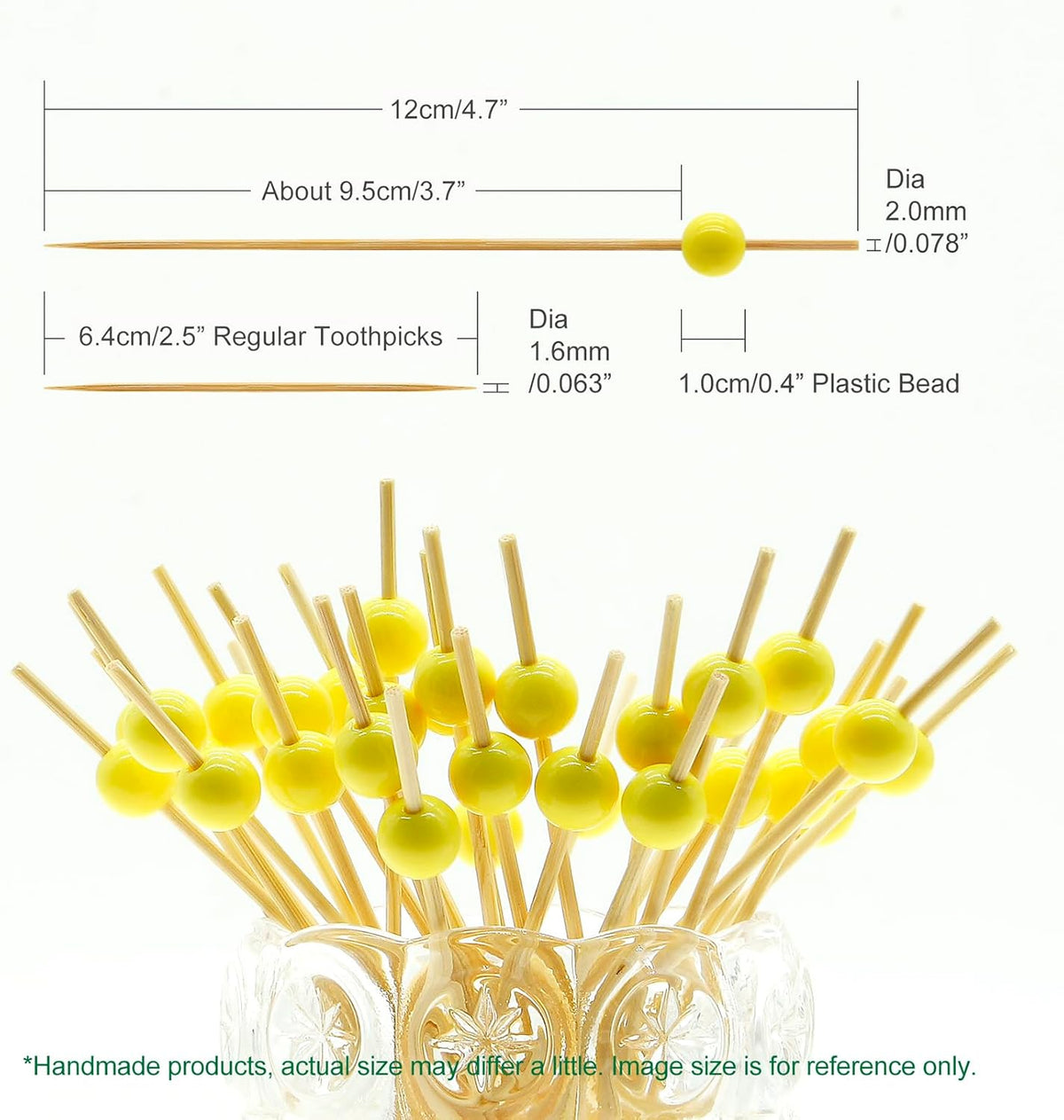 Minisland Yellow Pearl Cocktail Picks, 4.7 Inch Long Bamboo Fancy Toothpicks for Appetizers, Decorative Mardi Gras Carnival Party Food Drink Garnish Fruit Kabob Skewer Sticks 100 Counts - MSL451