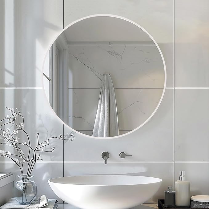 Sunniry White Round Mirror 26 inch, Circle Bathroom Mirror Matte Metal Frame, Circle Mirrors for Living Room, Bathroom, Wall, Hallway.