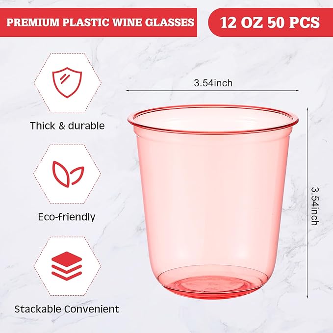 50pcs Disposable Stemless Glasses 12oz Crystal Plastic Wine Glasses Clear Classic Pet Cup for Meeting Weddings Birthdays Cocktail Christmas Party Supplies (Red)