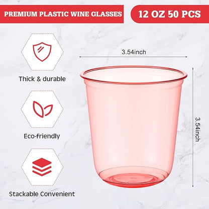 50pcs Disposable Stemless Glasses 12oz Crystal Plastic Wine Glasses Clear Classic Pet Cup for Meeting Weddings Birthdays Cocktail Christmas Party Supplies (Red)