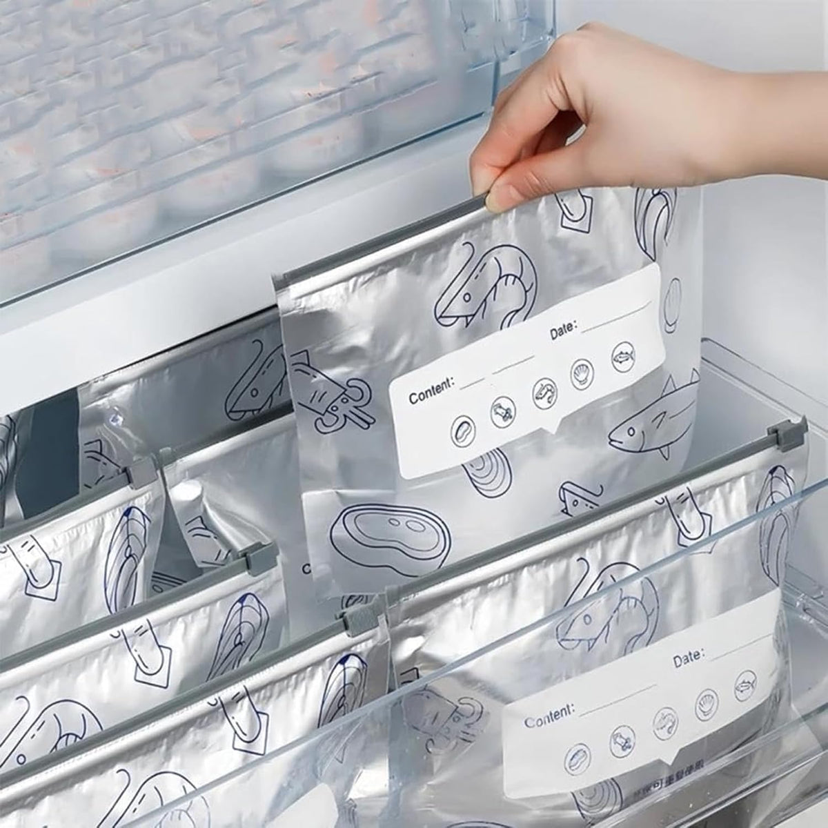 Reusable Aluminum Foil Sealable Storage Bags, 2026 New Resealable Vacuum Zipper Pouches for Food, Stand Up Foil Sealable Bags with Label and Zip Lock for Vegetable Fruit Meat (10Pcs, Medium)