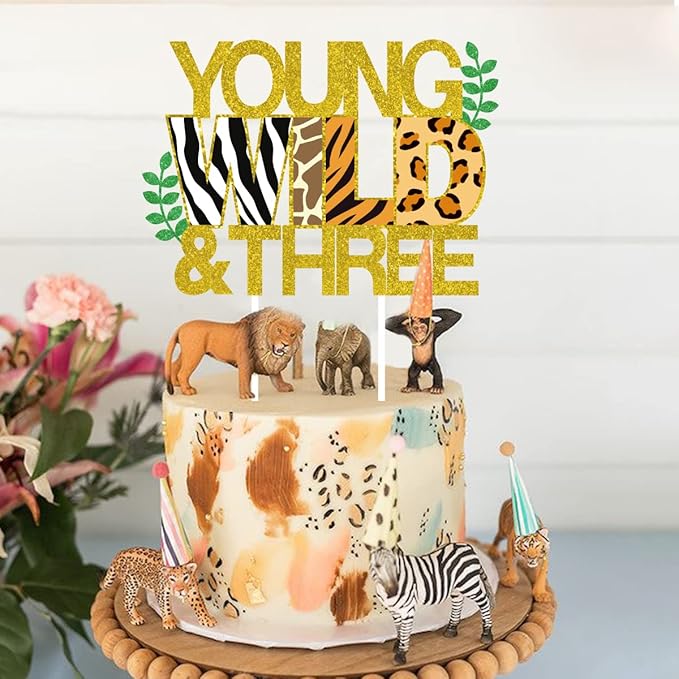 Sursurprise Young Wild & Three Cake Topper Jungle Animals Cupcake Toppers, Safari Jungle Animal Print Happy 3rd Birthday Cake Decor, Third Birthday Party Decorations 25 Pack
